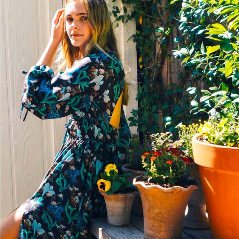 Elliette Celeste Midi Dress XS to S Brown Turquoise Floral Print